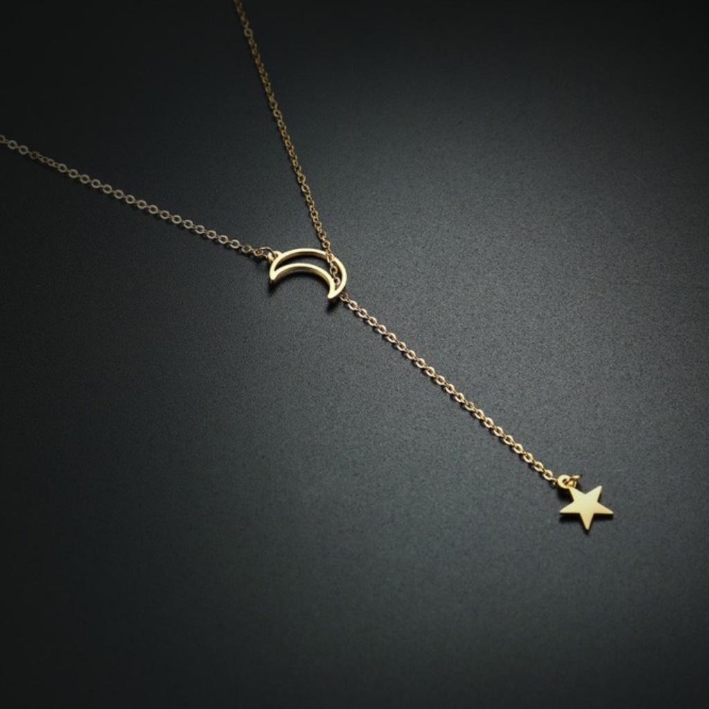 Gold Plated Star And Moon Lariat Necklace